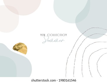 New Collection Summer boho banner or header abstract shapes and textures frame background with floral element, gold foil. Pastel pink and blue colors background 