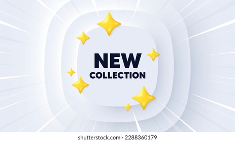 Nueva etiqueta de colección. Banner neumórfico con explosión de sol. Nuevo cartel de llegada de moda. Símbolo de oferta publicitaria. Nuevo mensaje de colección. Cartel con estrellas 3d. Plantilla neumórfica circular. Vector