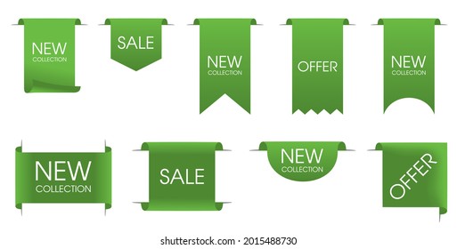 New collection tags. Vector badges and labels. Paper ribbons. Sticker with word sale. Offer. Icons for web page.