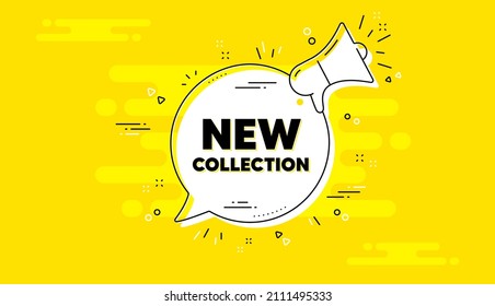 New collection text. Alert megaphone yellow chat banner. New fashion arrival sign. Advertising offer symbol. New collection chat message loudspeaker. Alert megaphone background. Vector