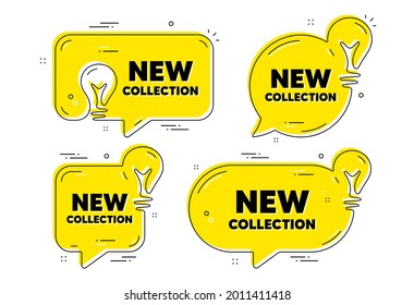 New collection text. Idea yellow chat bubbles. New fashion arrival sign. Advertising offer symbol. New collection chat message banners. Idea lightbulb balloons. Vector