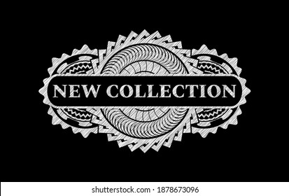 Neue Kollektion Text in Kreide realistisches Emblem. Pappe, luxuriöser Hintergrund. Vektorgrafik. 