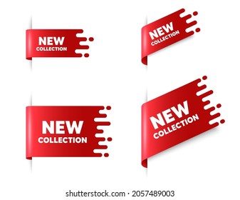 Nuevo texto de colección. Banderas de la etiqueta de la cinta roja fijadas. Nuevo cartel de llegada de moda. Símbolo de oferta publicitaria. Nuevo cartel de la etiqueta de la cinta adhesiva de la colección. Etiqueta de venta roja. Vector