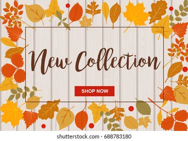 New collection vector illustration with autumn leaves and light wooden background