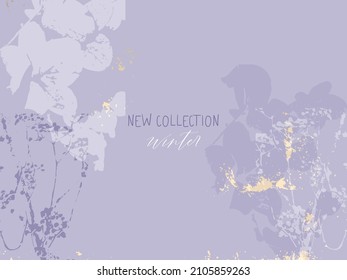 New collection Winter chic floral  banner template with botanical floral motifs and gold foil touch in purple lilac color palette