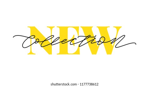 New collection yellow text on white background. Modern brush calligraphy. Vector illustration. Hand drawn lettering word. Design for social media, print lables, poster banner etc