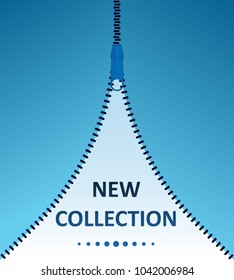 New Collection.Vector icon closed and open zipper, fastener. Zipper buttoned.Poster, logo, words, text.