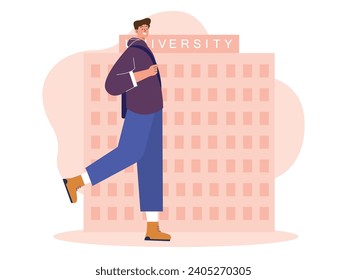 New college student walking to the univeristy building campus on the first day. Character design. Vector flat illustration