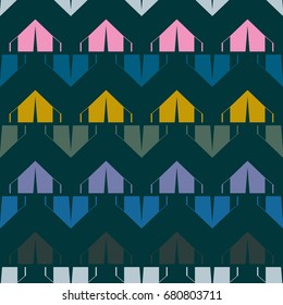 New color seamless pattern with cartoon camping tent.