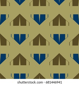 New color seamless pattern with cartoon camping tent.