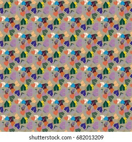 New color seamless pattern with cartoon camping tent.