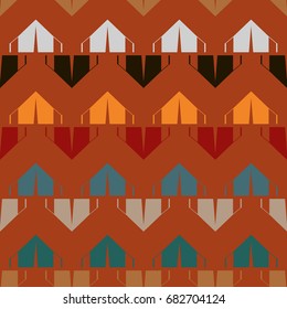 New color seamless pattern with cartoon camping tent.