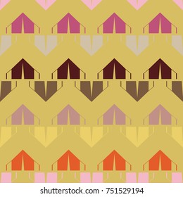New color seamless pattern with cartoon camping tent.