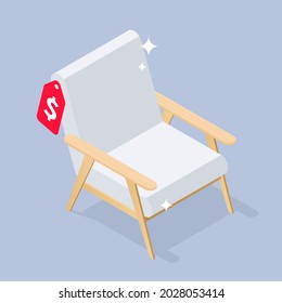 New Comfortable Chair Isometric Vector Illustration. Shiny Comfy Domestic, Office Furniture With Price Coast Label. Furnishing Interior Accessories For Sitting And Relaxing With Wooden Handle And Legs