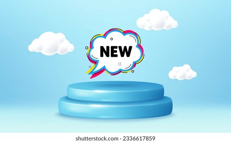 New comic cartoon bubble banner. Winner podium 3d base. Product offer pedestal. Arrival sticker shape. Offer label icon. New bubble promotion message. Background with 3d clouds. Vector