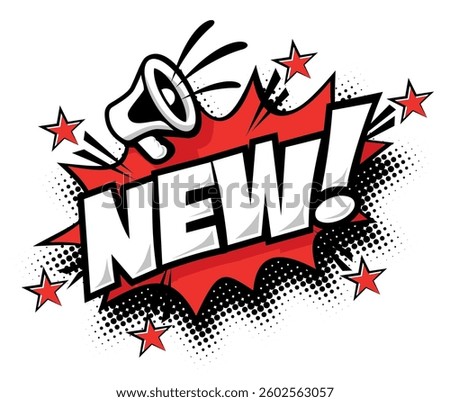 New! Comic speech bubble. Sale, promo, discount, arrival lettering element with sound effect of color phrase. Vector on transparent background