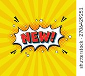 New! comic speech bubble or shout ballon in trendy pop art style in font of ray background vector illustration for advertising, promotion and announcement.