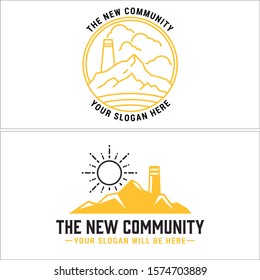 The new community logo with sun cloud mountain and lighthouse yellow outline vector suitable for non profit school children foundation label