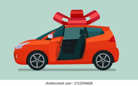 New compact hatchback car as a gift. Vector flat style illustration.