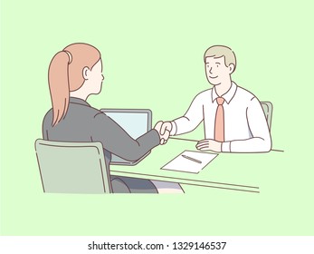 New company recruit shaking hands of hr manager after successful job interview & hire over office desk with resume. Business career recruitment success employee handshake flat line vector illustration
