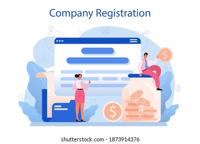 New Company Registration. Business Start Up Form. Brand And Identity Building Process. Company Formation Procedure. Isolated Vector Illustration In Cartoon Style