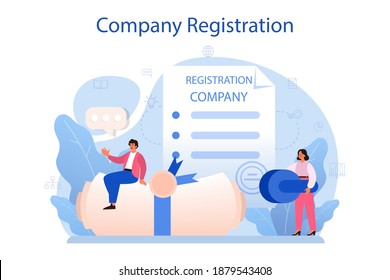 New Company Registration. Business Start Up Form. Brand And Identity Building Process. Company Formation Procedure. Isolated Vector Illustration In Cartoon Style