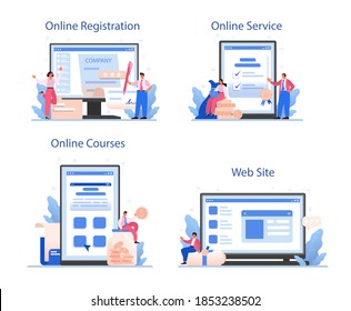 New company registration online service or platform set. Business start up form. Brand and identity building process. Online registration, course, website. Isolated vector illustration