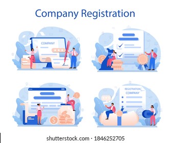 New Company Registration Set. Business Start Up Form. Brand And Identity Building Process. Company Formation Procedure. Isolated Vector Illustration In Cartoon Style