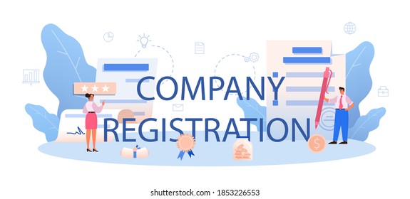 New Company Registration Typographic Header. Business Start Up Form. Brand And Identity Building Process. Company Formation Procedure. Isolated Vector Illustration In Cartoon Style