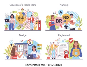 New Company, Trade Mark Registration Set. Business Start Up Form, Design And Naming. Brand And Identity Building Process. Company Formation Procedure. Flat Vector Illustration