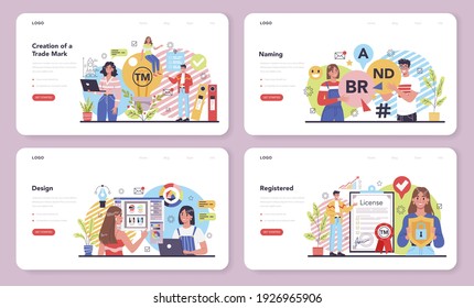 New company, trade mark registration web banner or landing page set. Business start up, design and naming. Brand and identity building process. Company formation procedure. Flat vector illustration