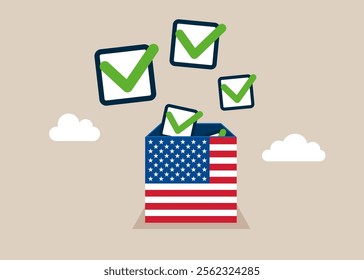 New completed checkbox on box United States of America. Agreement to deliver, leadership skill or trust on work responsibility. Modern flat vector illustration.