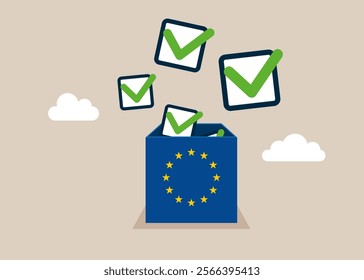 New completed checkbox on box European Union. Agreement to deliver, leadership skill or trust on work responsibility. Modern flat vector illustration.