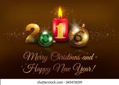 New composition for your design. Vector illustration of "Merry Christmas and Happy New Year 2016!". It can be used in your design as a postcard, banner or poster.