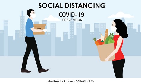 New concept COVID-19 social distancing concept people shopping standing away to prevent COVID-19 coronavirus vector illustration