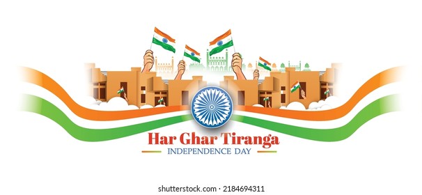 New Concept Har Ghar Tiranga In Hindi Text Which Means Hoist A Flag At Your House.15th August Happy Independence Day Of India, Hand Holding Indian Flag.