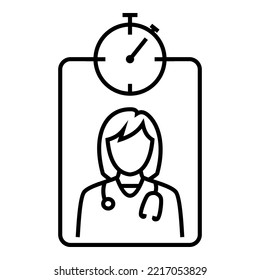 Un nuevo icono conceptual de la doctora femenina usa estetoscopio dentro del portapapeles con cronómetro de reloj de cronómetro diseño ilustración de símbolo vectorial.