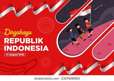 New Concept Indonesia Independence Day Vector with Illustration of Childrens Running with Flag