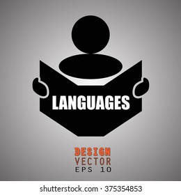 New concept of LANGUAGES symbol : Book, Magazine, Ebook reader, student, teacher, tutor with hands symbol. Silhouette of a man holding a book with inscriptions. Vector illustration EPS 10
