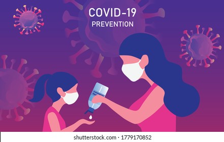 New concept concept mother and daughter wearing face mask and using hand sanitizer to prevent from COVID-19 coronavirus outbreak vector illustration. Protect yourself concept background
