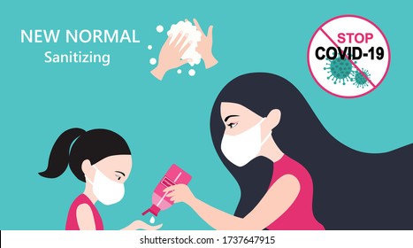 New concept sanitizing concept mother and daughter wearing face mask and using hand sanitizer to prevent from COVID-19 coronavirus outbreak vector illustration. Protect yourself concept background
