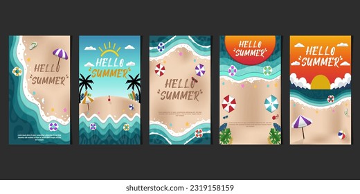 New Concept Social Media Story Vector Paper Cut Hello Summer Beach Illustration