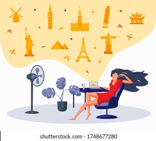 A new concept of vacation and travel to world-famous attractions. Online travel. Vacation Dreams. Home recreation. The girl is sitting at a laptop and planning future trips to different countries.