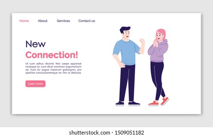 New connection landing page vector template. Friendly meeting website interface idea with flat illustrations. Pleased couple homepage layout. Happy boy and girl web banner, webpage cartoon concept