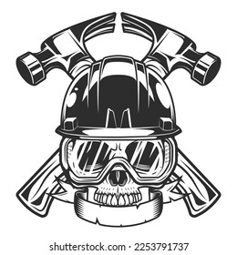 Nuevo constructor de construcción martillo de negocios semicírculo en sombrero duro con cinta y gafas de seguridad ilustración estilo vintage
