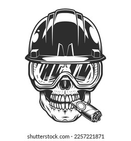 New construction builder skull smoking cigar or cigarette smoke in hard hat and safety glasses from business remodeling house vintage style illustration