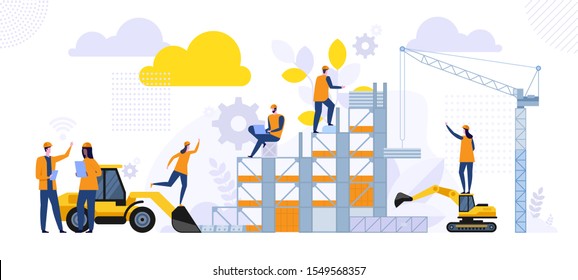 New construction building architecture. Building engineering on site. Male and female engineers in hard hats discuss new project. Making a home. Vector illustration