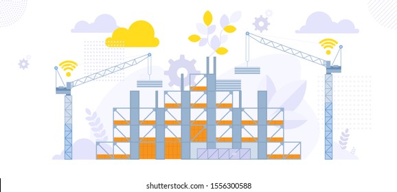 New construction building architecture. Building engineering on site. Male and female engineers in hard hats discuss new project. Making a home. Vector illustration