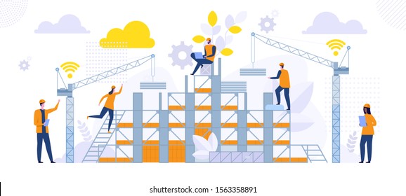 New Construction Building Architecture. Building Engineering On Site. Male And Female Engineers In Hard Hats Discuss New Project. Making A Home. Vector Illustration