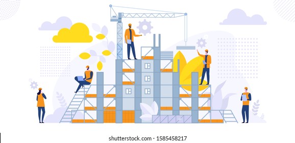 New construction building architecture. Building engineering on site. Male and female engineers in hard hats discuss new project. Making a home. Vector illustration